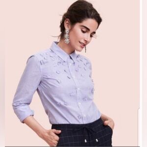 (NWOT) A New Day Navy Blue/White Striped Button Down Shirt, Floral Detail, Large